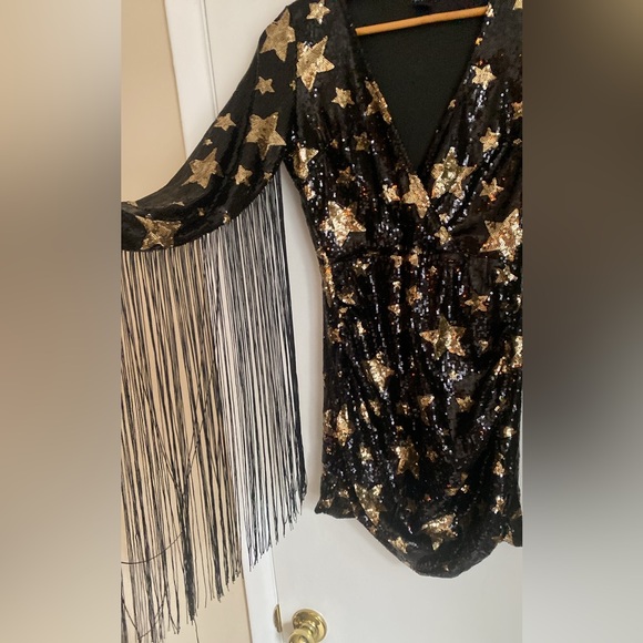 Nasty Gal Sequin Fringe Dress Star Sequin Plunge Neck sparkle phish size 4 - Picture 10 of 16